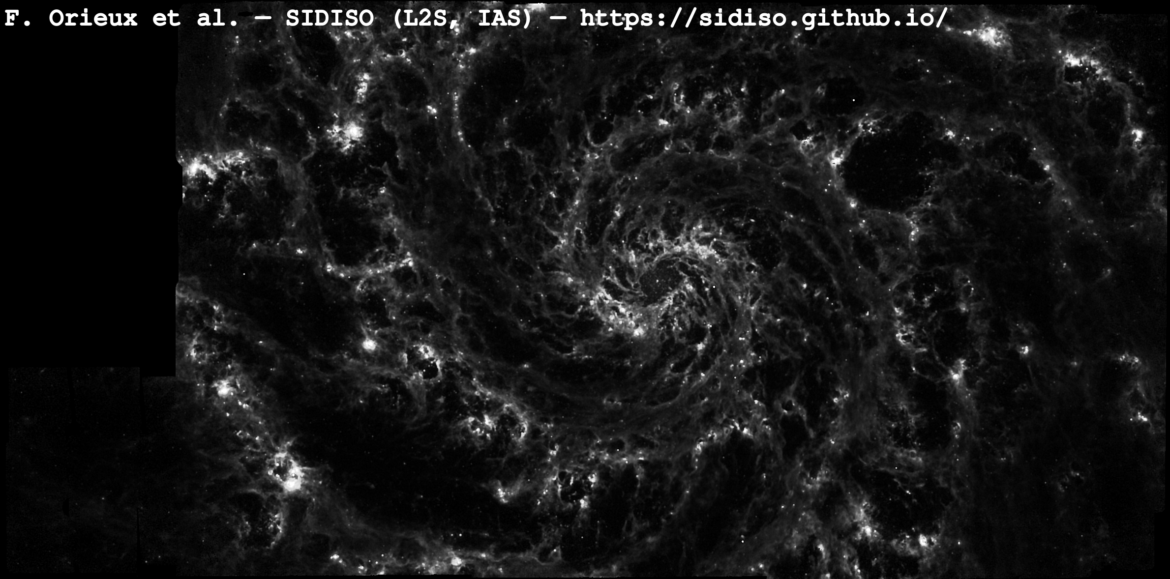 Mean of the four filters of JWST MIRI data observing NGC628 processed by SIDISO's Super-Resolution and deconvolution algorithm `luigiz`.